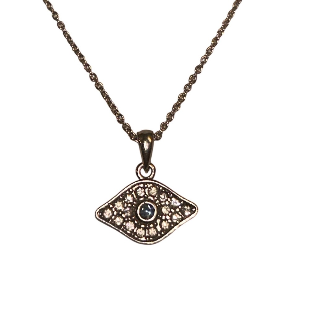Silver Tone Evil Eye Pave Crystal Pendant Necklace Blue Center Stone